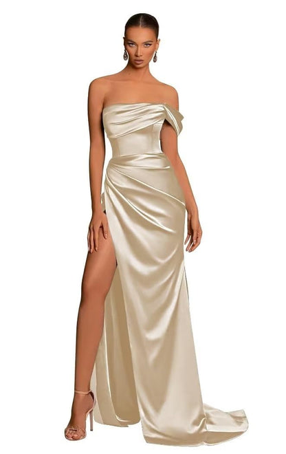 Chic One Shoulder Sleeveless Side Slit Pleats Satin Party Dress with Train Bridesmaid Dress