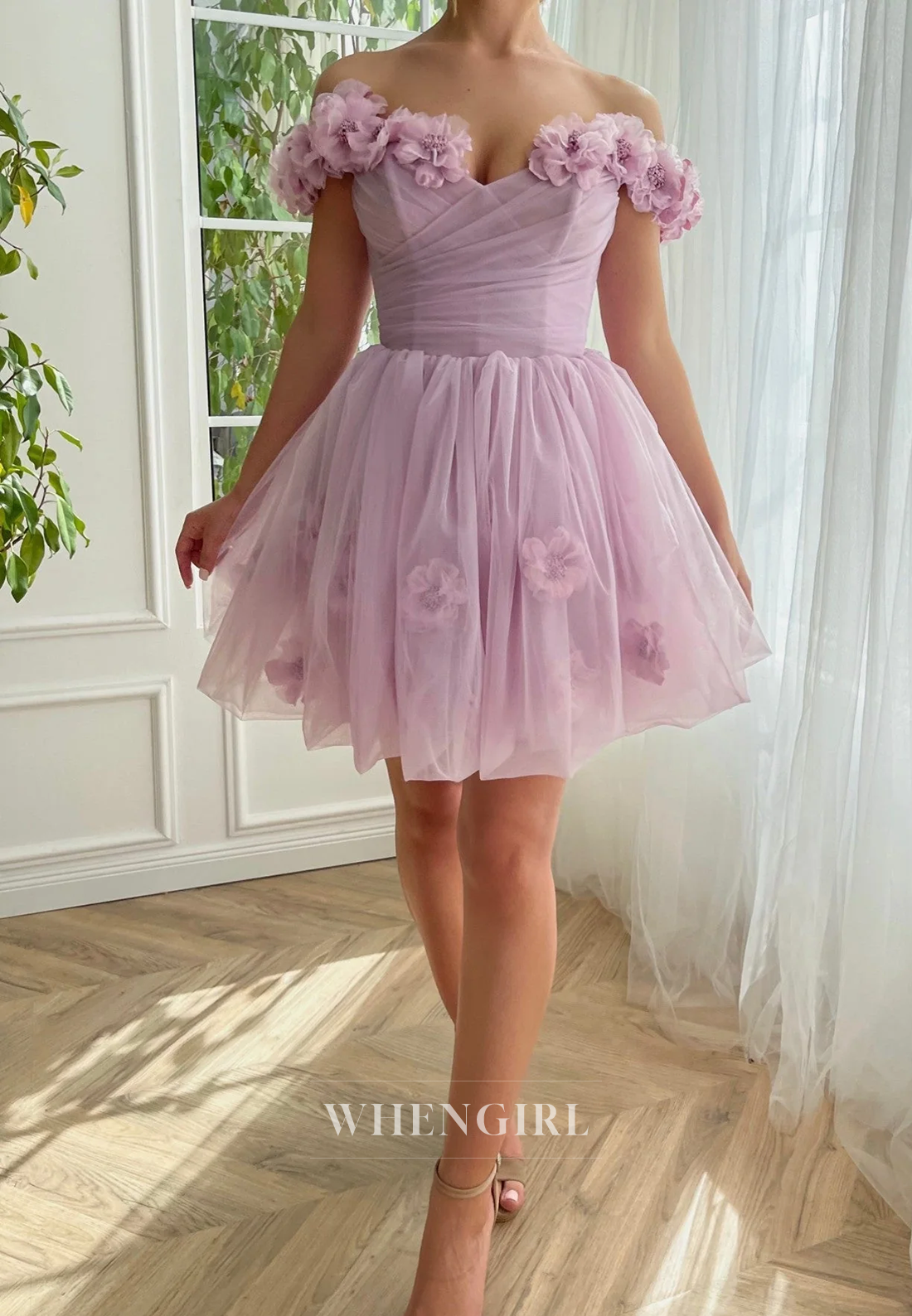 A-Line Off Shoulder Floral Straps Lace Up Short Homecoming Dress