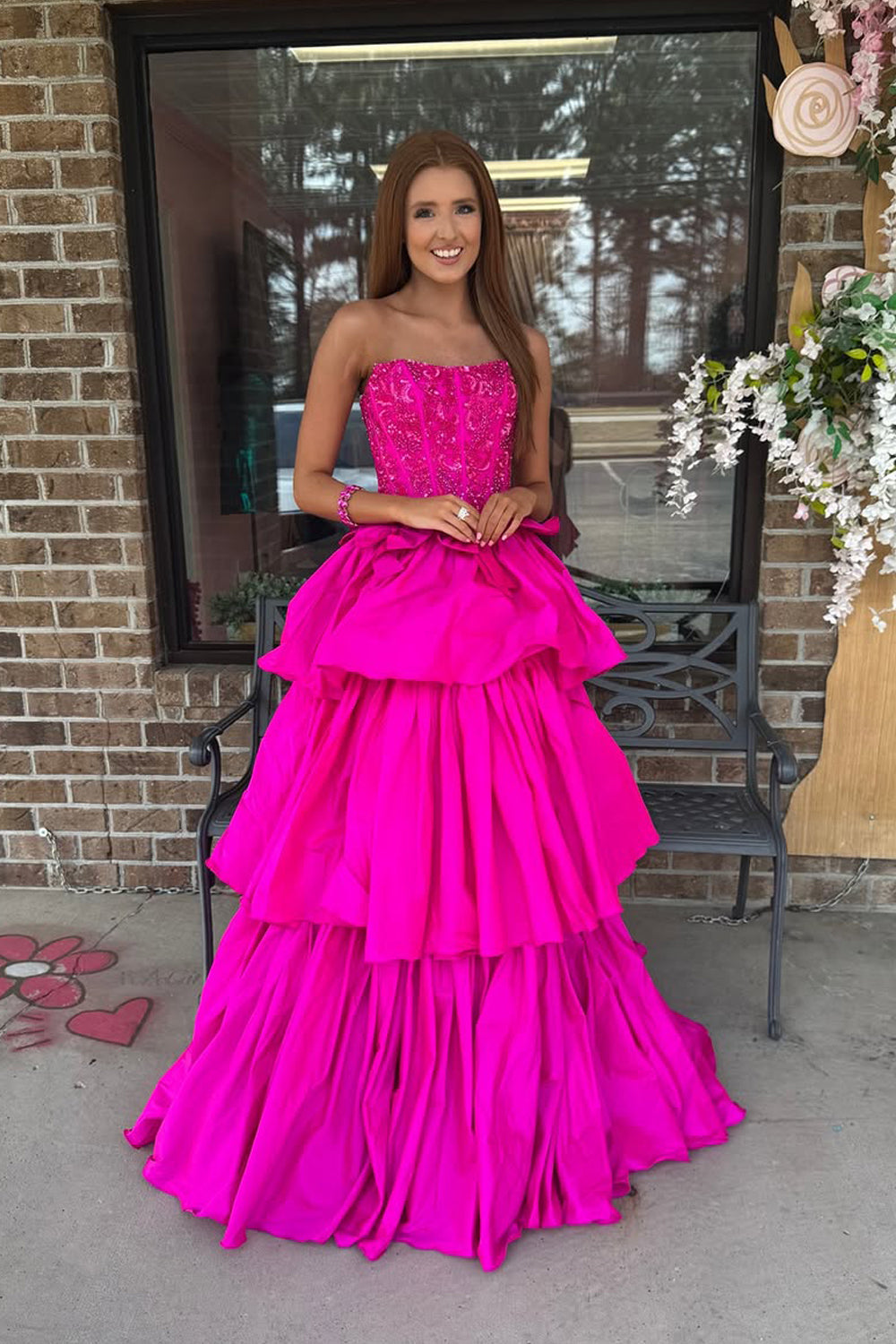 Fuchsia A Line Strapless Satin Prom Dress with Beading