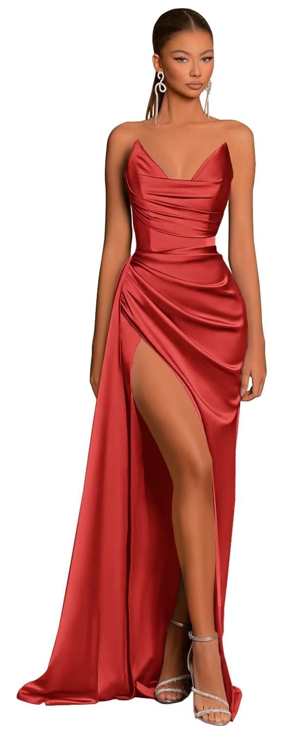 Elegant&Classic Sweetheart Sheath Side Slit Satin Long Formal Prom Dress