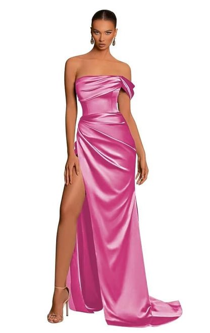 Chic One Shoulder Sleeveless Side Slit Pleats Satin Party Dress with Train Bridesmaid Dress