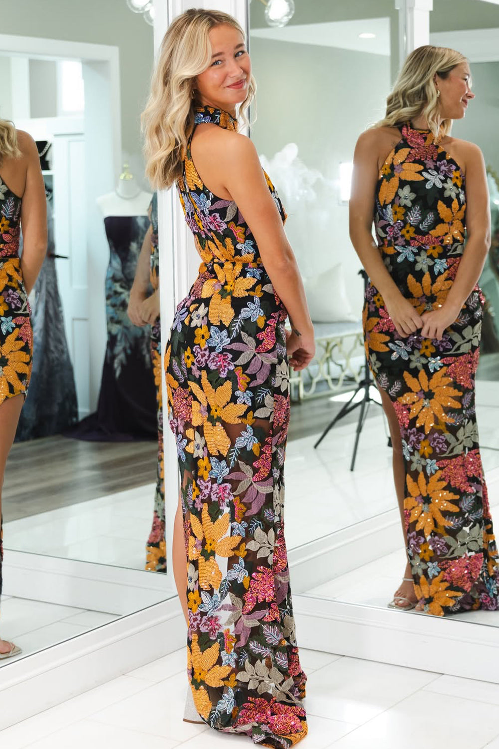 Cute Mermaid Halter Lace Sequins Long Prom Dress with Slit