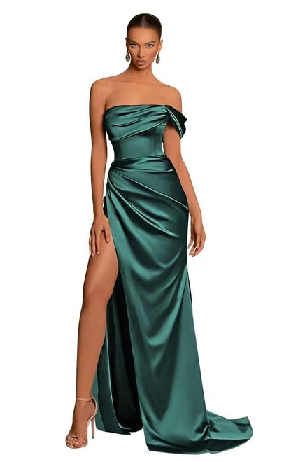 Chic One Shoulder Sleeveless Side Slit Pleats Satin Party Dress with Train Bridesmaid Dress