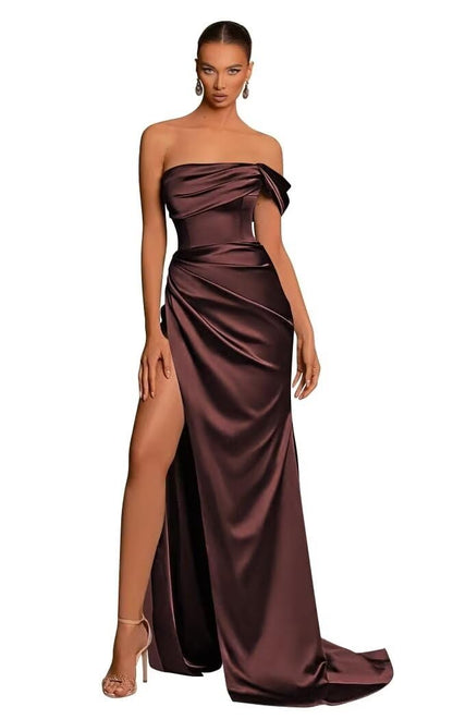 Chic One Shoulder Sleeveless Side Slit Pleats Satin Party Dress with Train Bridesmaid Dress