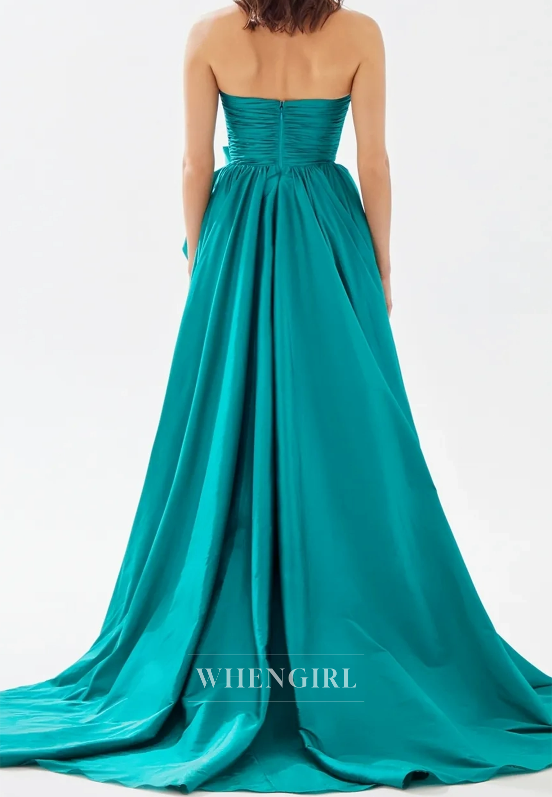 Colorful Tube Top A-Line Sleeveless Side Slit Ruched Satin Party Prom Dress with Floral