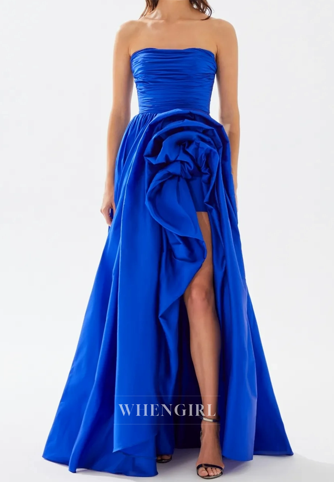 Colorful Tube Top A-Line Sleeveless Side Slit Ruched Satin Party Prom Dress with Floral