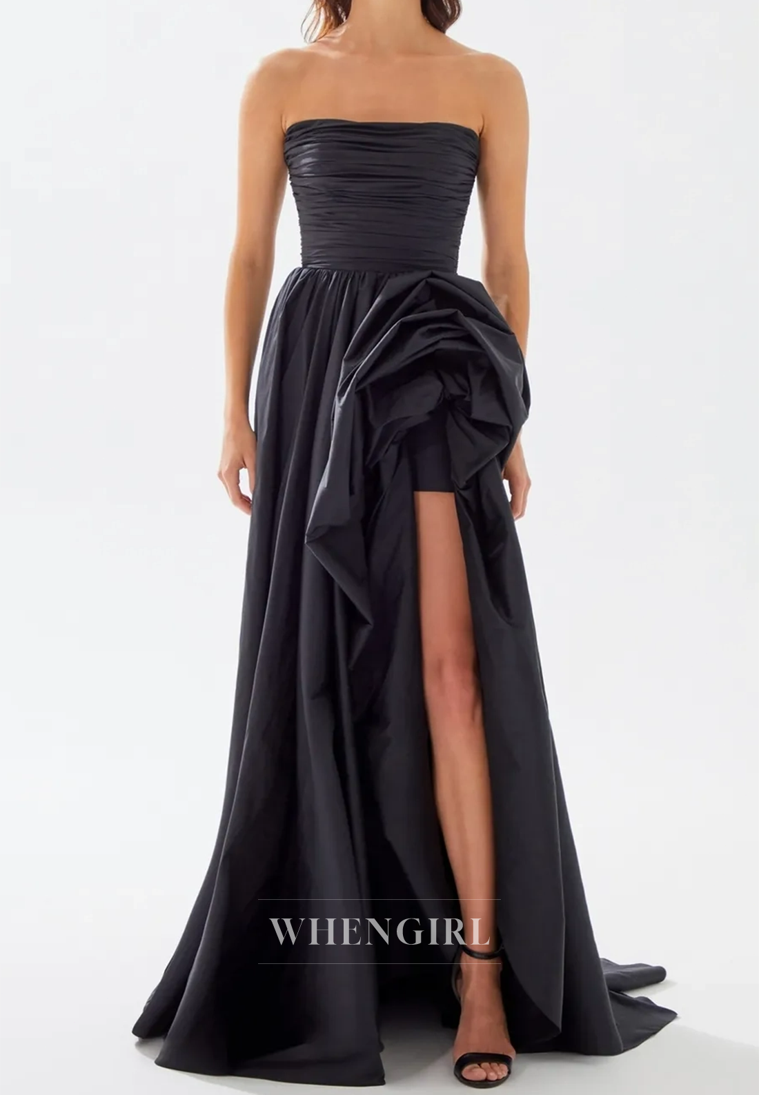 Colorful Tube Top A-Line Sleeveless Side Slit Ruched Satin Party Prom Dress with Floral