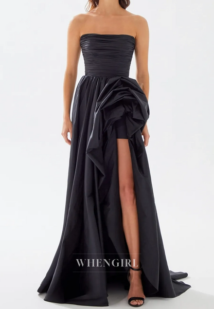 Colorful Tube Top A-Line Sleeveless Side Slit Ruched Satin Party Prom Dress with Floral