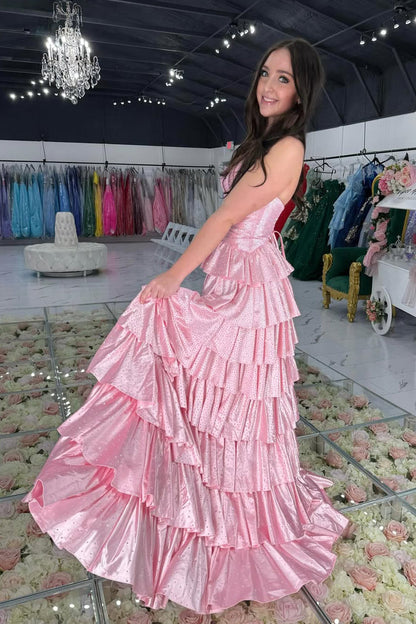 A Line Sweetheart Pink Hot Fix Satin Tiered Prom Dress