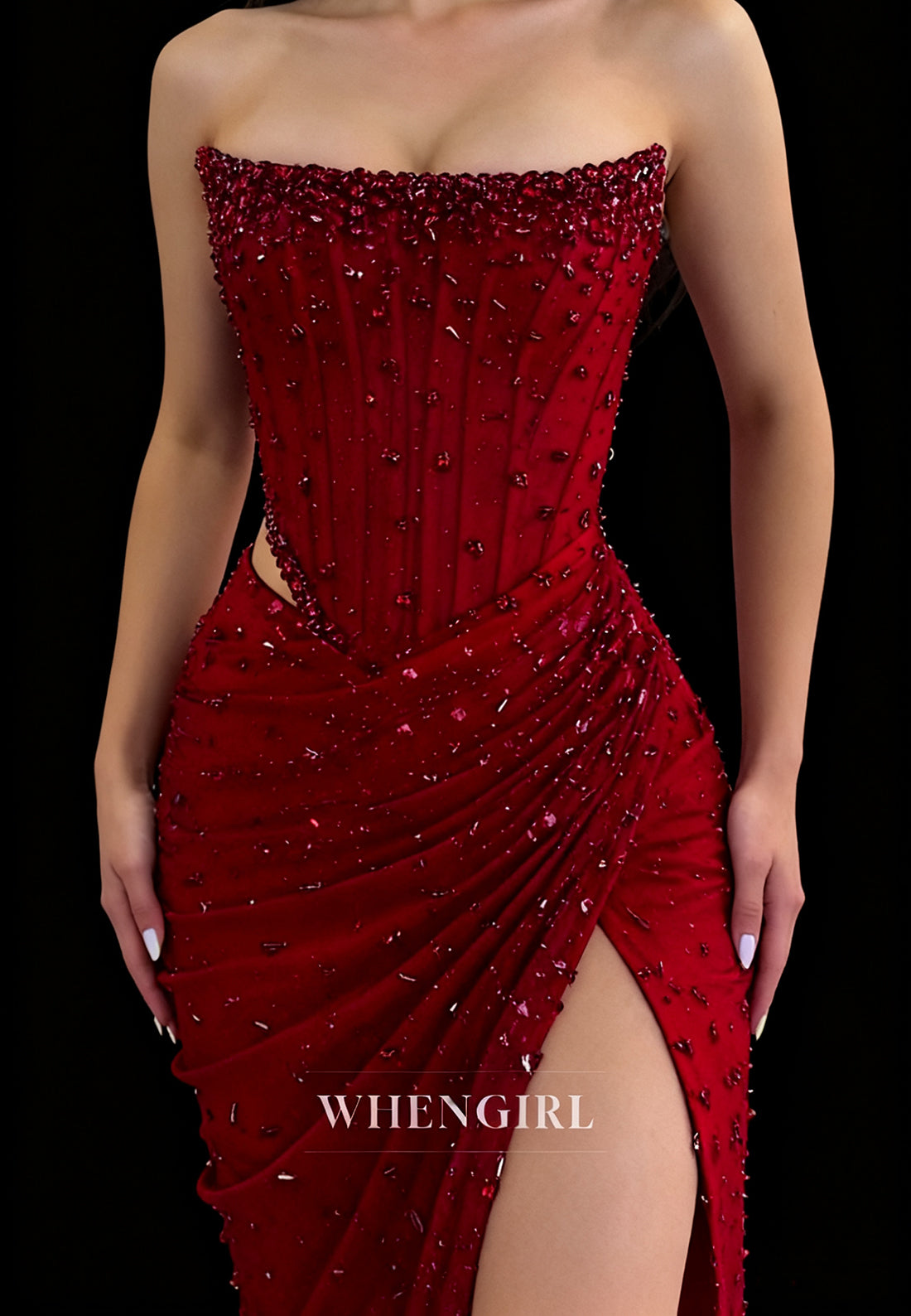 Sheath Full Beaded Strapless Sleeveless Pleated Side Slit Formal Prom Dress