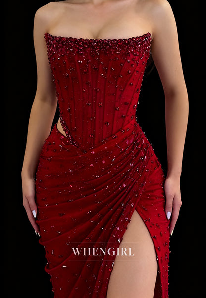 Sheath Full Beaded Strapless Sleeveless Pleated Side Slit Formal Prom Dress