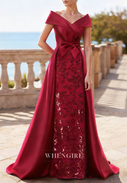 Burgundy V Neck Cap Sleeves Beaded Bowknot Sheath Mother of the Bride Dress with Train