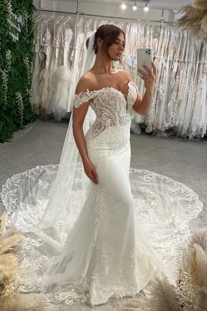 Gorgeous Off the Shoulder Mermaid Sequins Lace Wedding Dress with Appliques