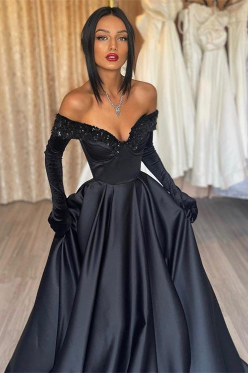 Glamorous Black Off the Shoulder Long Sleeves A Line Evening Dress with Appliques