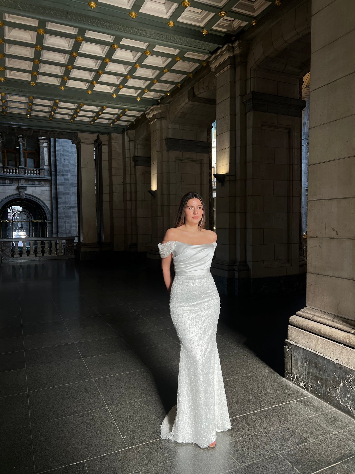 Sheath Off Shoulder Beaded Ruched Wedding Dress with Detachable Train