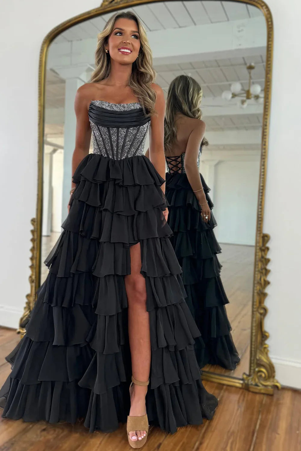 Gorgeous A Line Strapless Daffodial Tiered Chiffon Prom Evening Dresses with Hot Stone