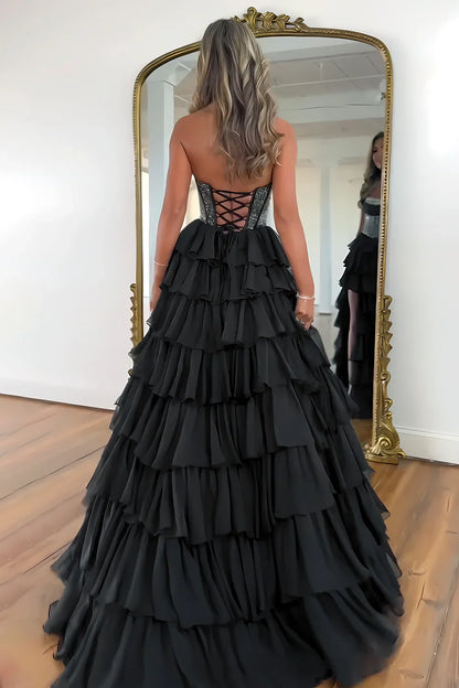 Gorgeous A Line Strapless Daffodial Tiered Chiffon Prom Evening Dresses with Hot Stone