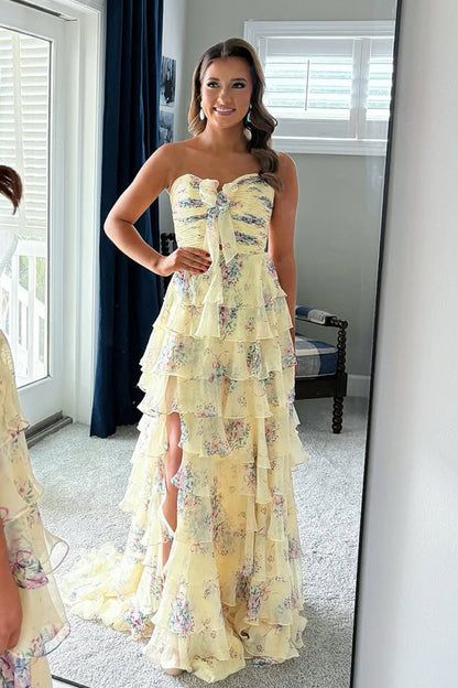 Cute A Line Sweetheart Floral Chiffon Tiered Prom Dress