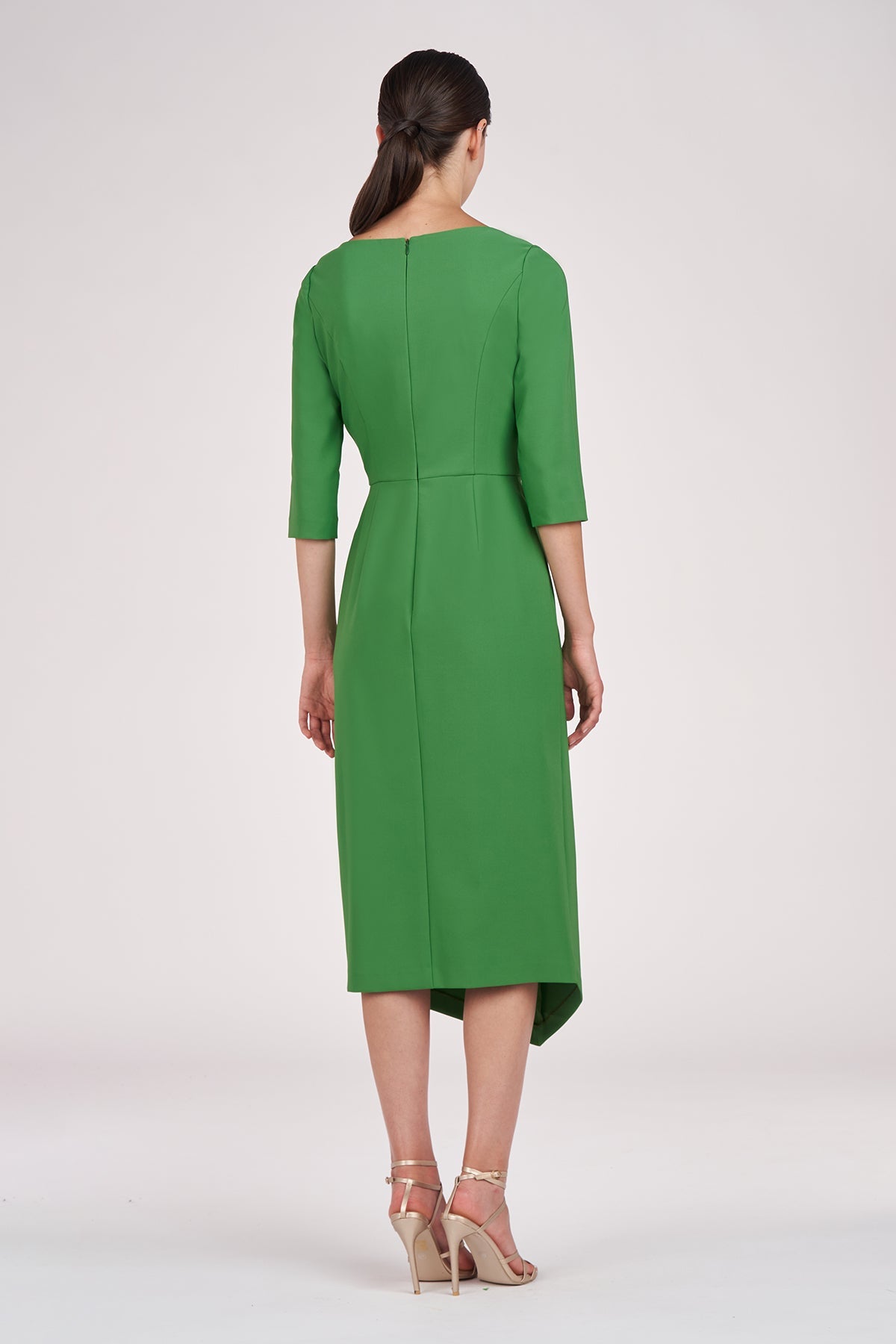 Green Asymmetrical Neck 3/4 Sleeves Ruffle Midi Dress