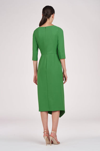 Green Asymmetrical Neck 3/4 Sleeves Ruffle Midi Dress