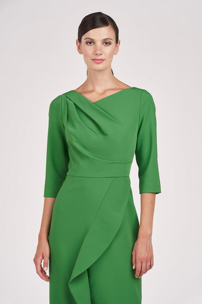 Green Asymmetrical Neck 3/4 Sleeves Ruffle Midi Dress