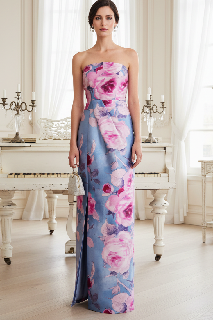 Tube Top Floral Printed Slit Floor Length Mother of the Bride Dress