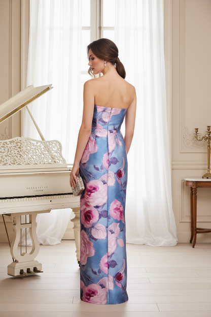Tube Top Floral Printed Slit Floor Length Mother of the Bride Dress