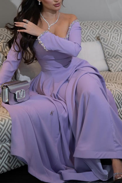 Purple Elegant Neckline Diamond-Encrusted Long Sleeve Evening Dress