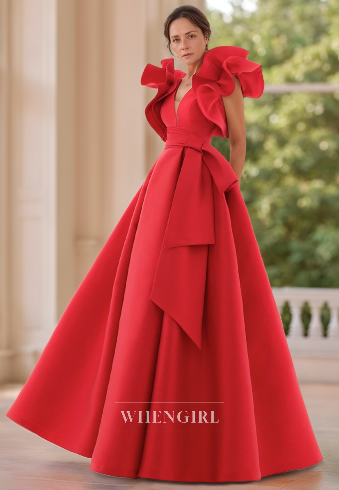 Red Gown Sexy V Neck Ruffles Elegant Mother of the Bride Dress with Pockets Long Formal Evening Dress