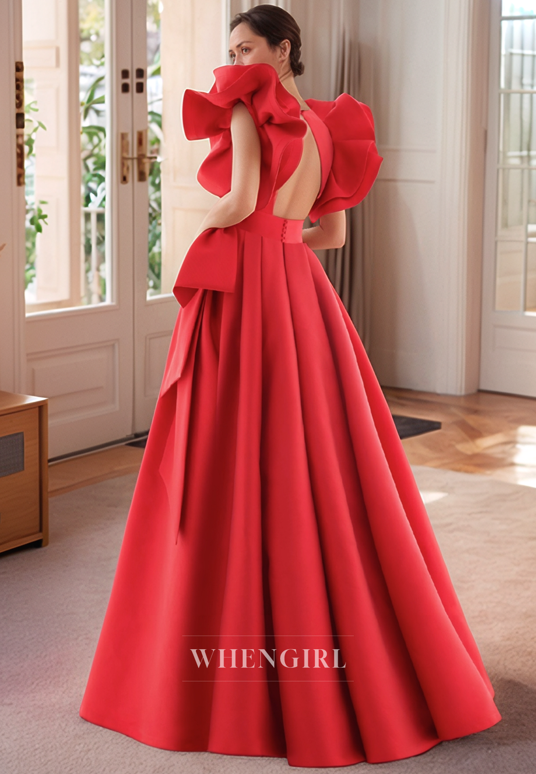 Red Gown Sexy V Neck Ruffles Elegant Mother of the Bride Dress with Pockets Long Formal Evening Dress