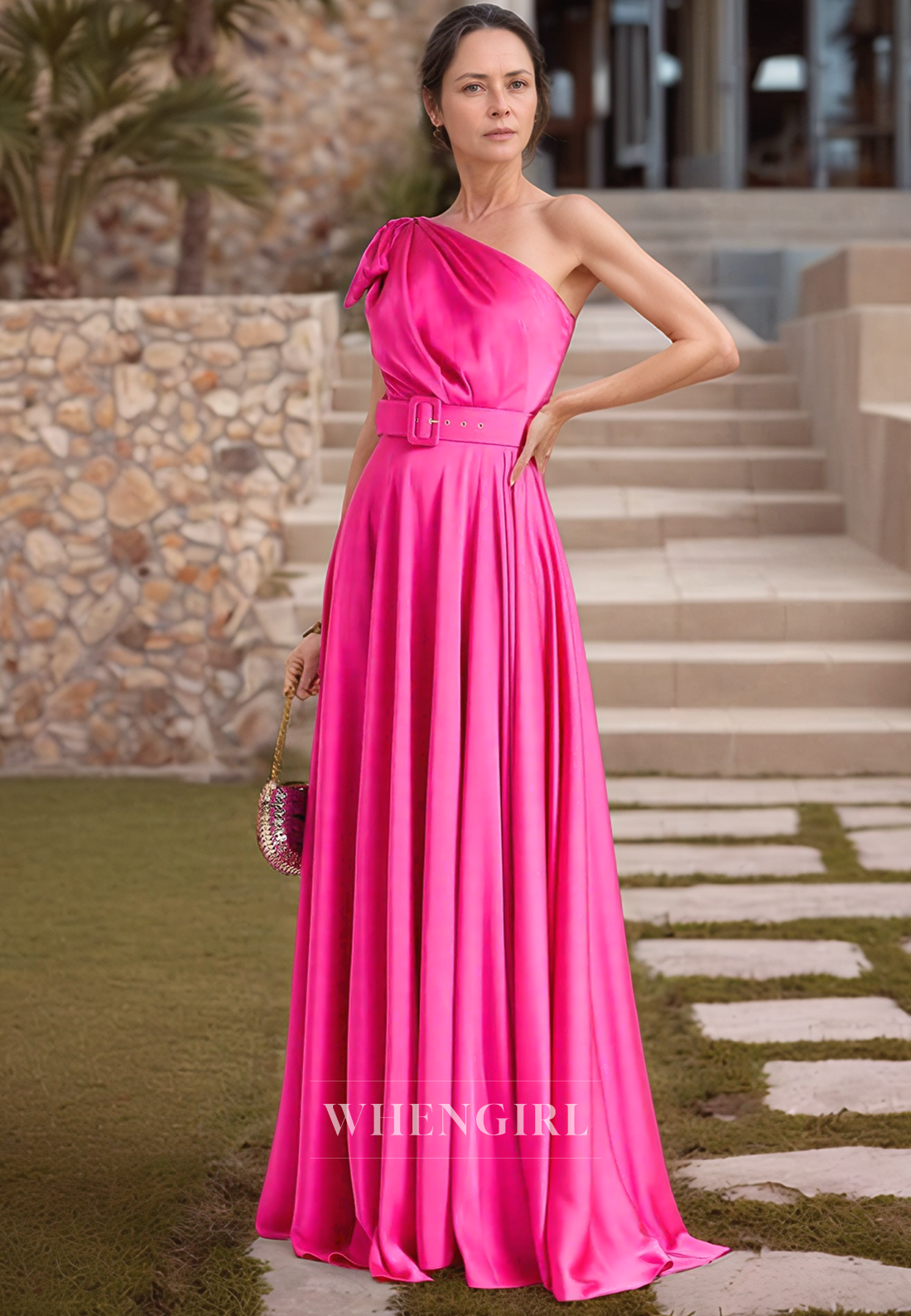 A Line Fuchsia Satin One Shoulder Elegant Formal Evening Dress Long Mother of the Bride Dress