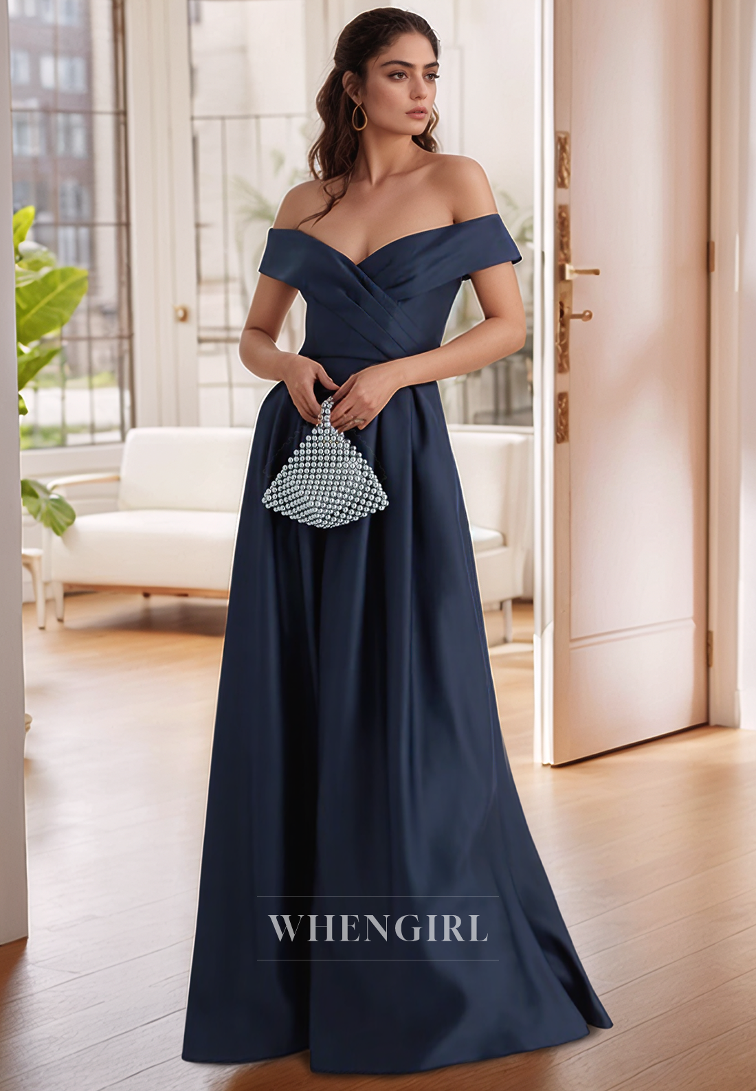 Off Shoulder Satin Pleats A Line Navy Mother of the Bride Dress Long Formal Evening Dress