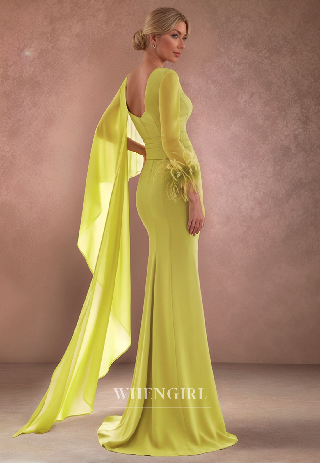 Sexy V Neck Pleats Feathers Long Sleeves Mermaid Mother of the Bride Dress Formal Evening Gown