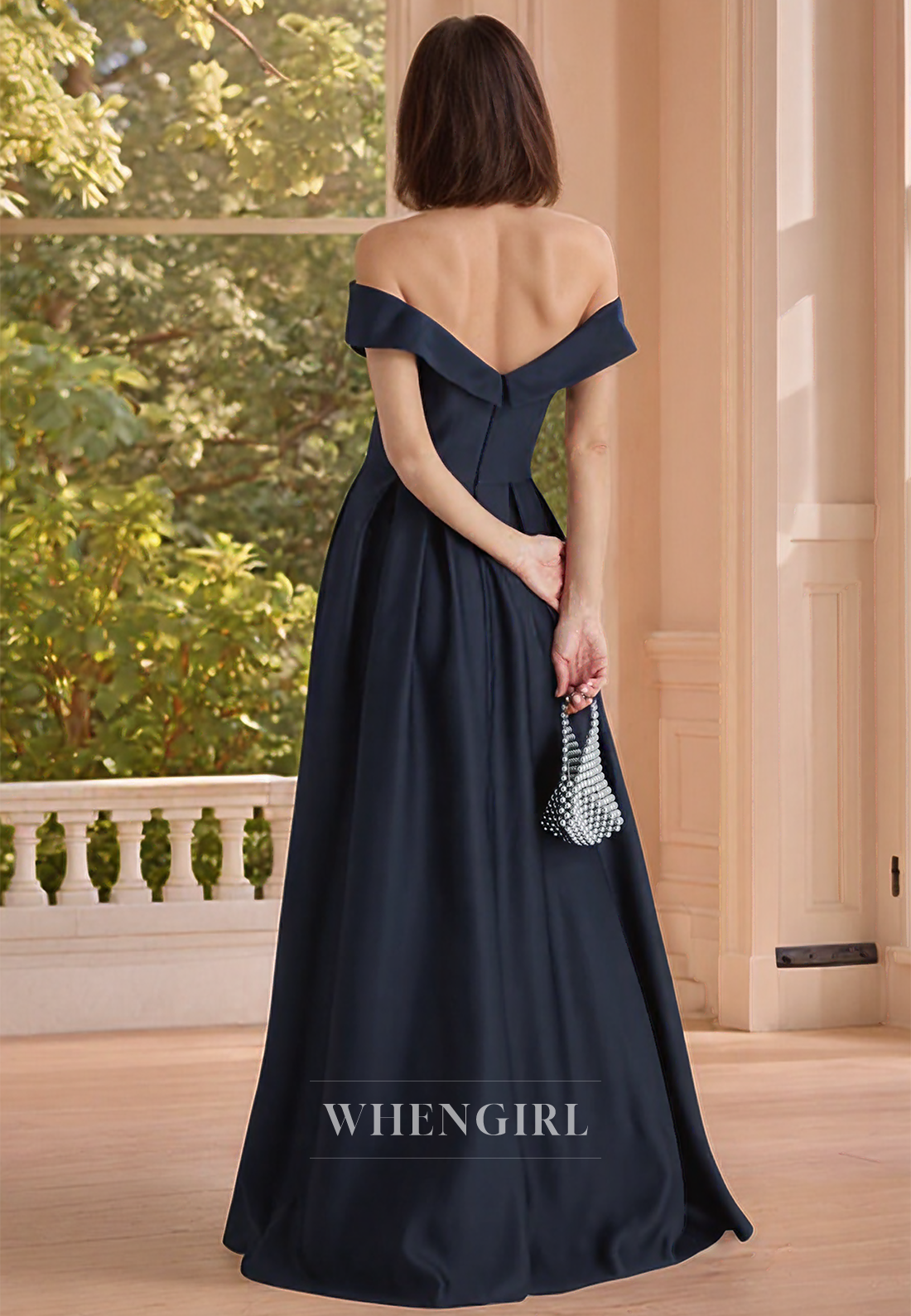 Off Shoulder Satin Pleats A Line Navy Mother of the Bride Dress Long Formal Evening Dress