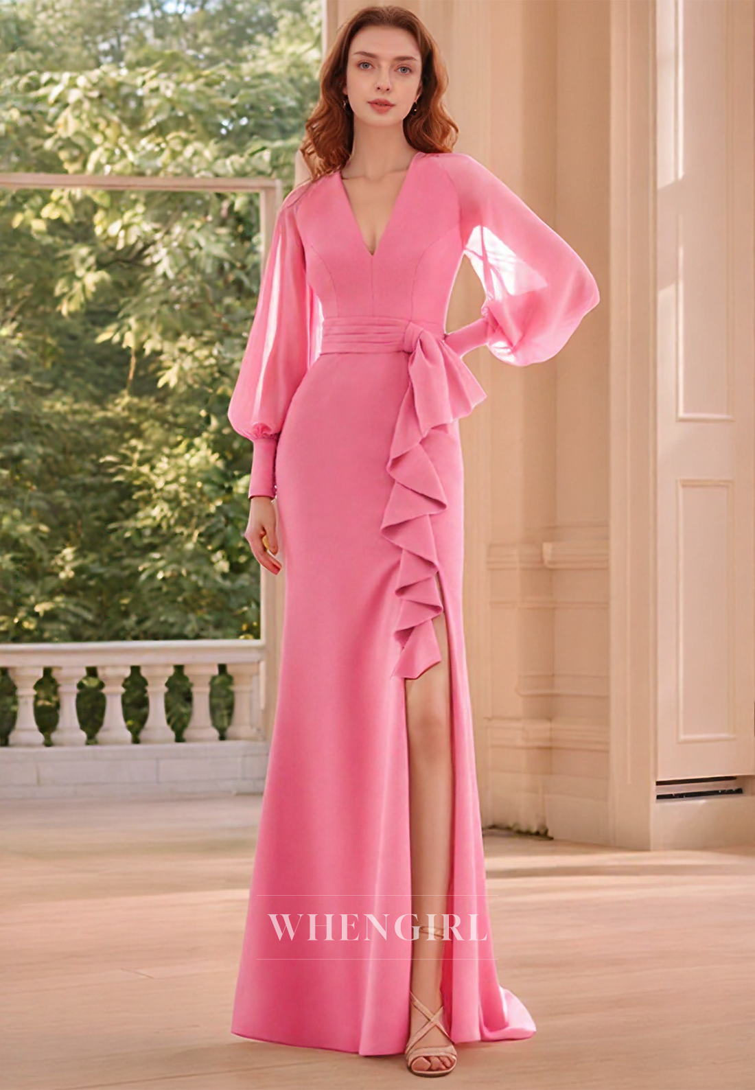 Sheath V Neck Long Sleeves Pink Elegant Mother of the Bride Dress Long Formal Evening Dress