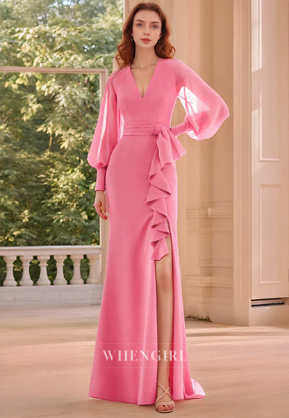 Sheath V Neck Long Sleeves Pink Elegant Mother of the Bride Dress Long Formal Evening Dress