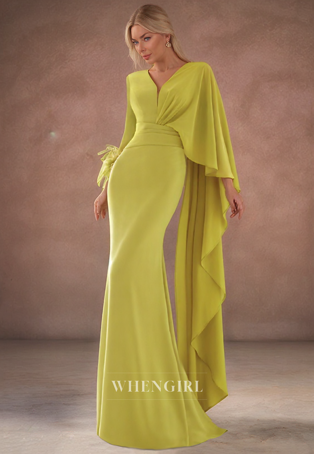 Sexy V Neck Pleats Feathers Long Sleeves Mermaid Mother of the Bride Dress Formal Evening Gown