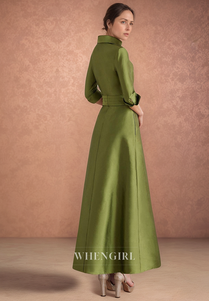 A Line High Neck Pleats 3/4 Sleeves Elegant Mother of the Bride Dress Tea Length