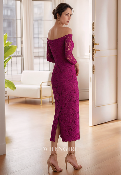 Allover Lace Off Shoulder 3/4 Sleeves Column Elegant Mother of the Bride Dress Cocktail Dress