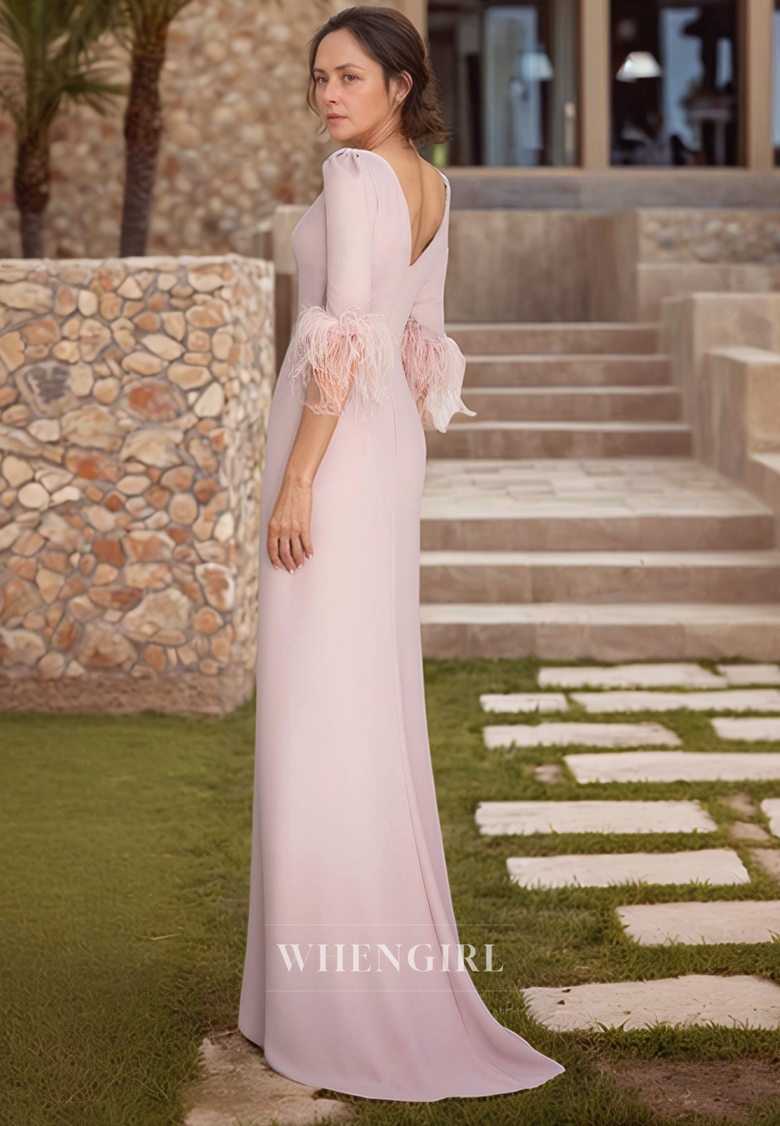 Column Scoop Half Sleeves Feathers Elegant Long Mother of the Bride Dress with Slit
