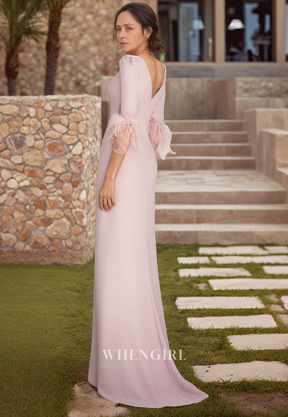 Column Scoop Half Sleeves Feathers Elegant Long Mother of the Bride Dress with Slit