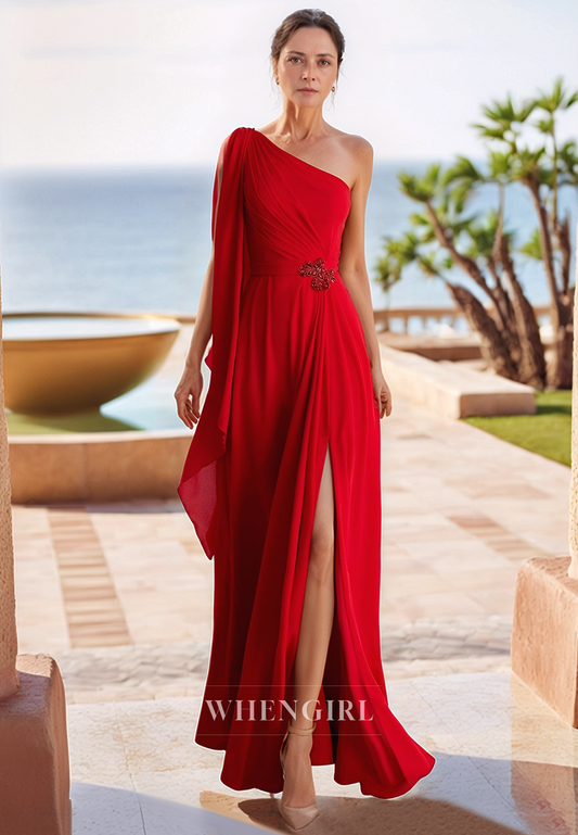 Unique One Shoulder Red Chiffon Long Formal Evening Dress Elegant Mother of the Bride Dress with Slit
