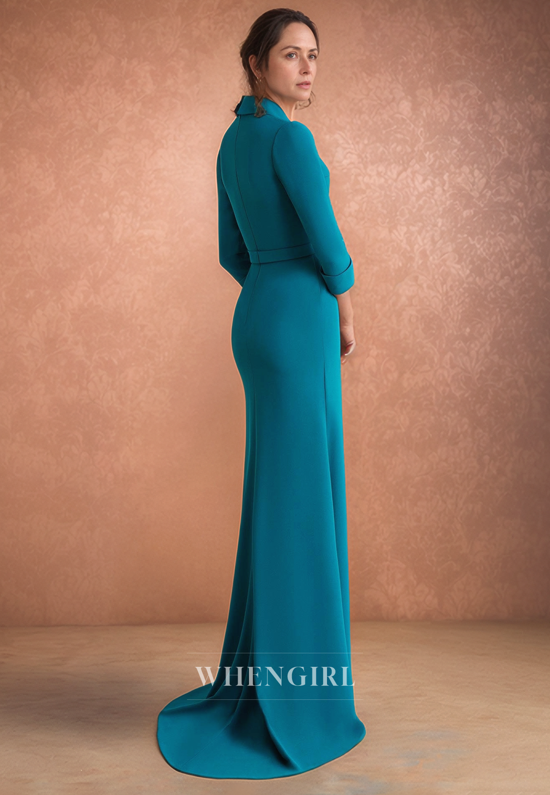 Column V Neck Flowers Elegant Long 3/4 Sleeves Mother of the Bride Dress with Slit