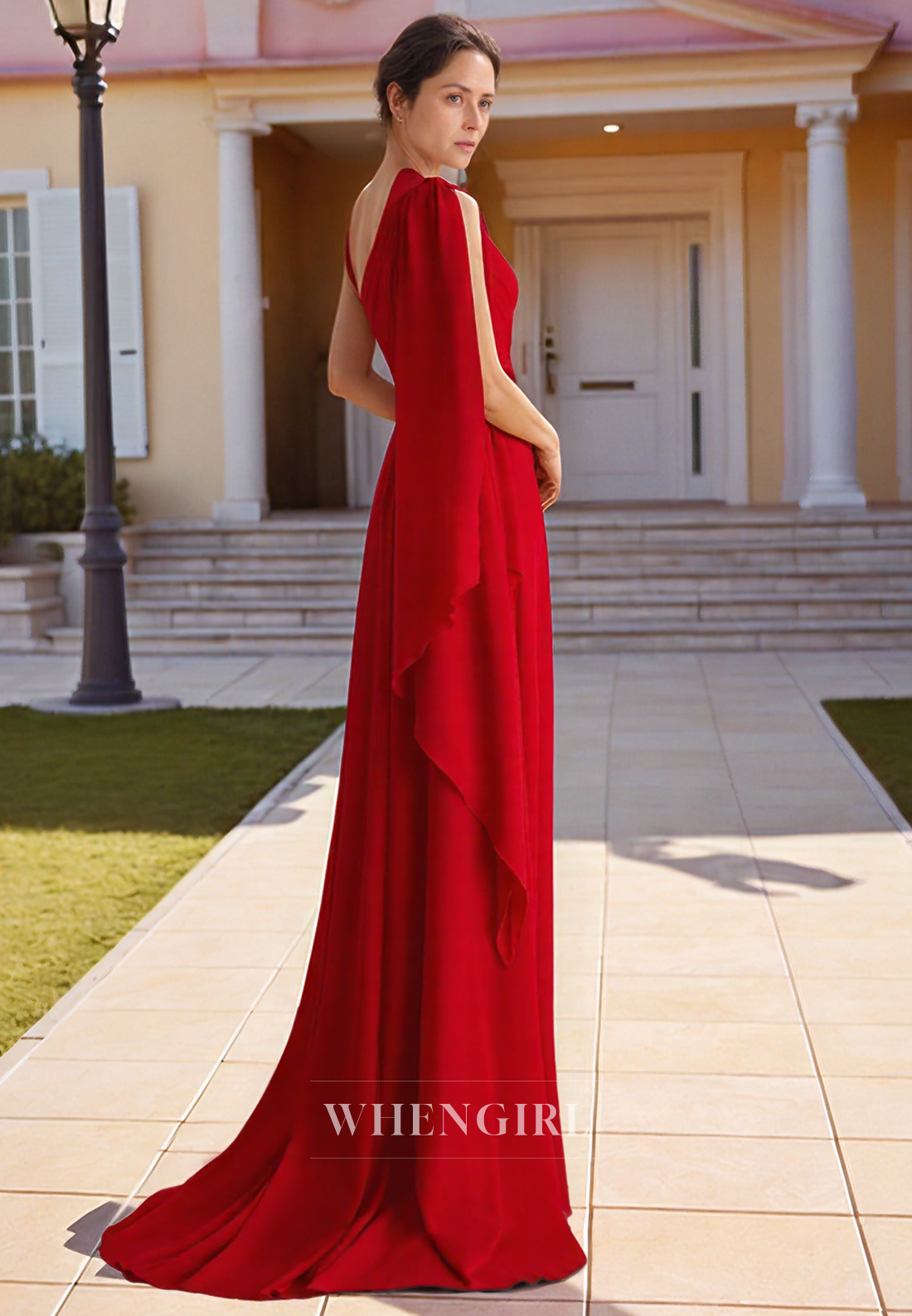 Unique One Shoulder Red Chiffon Long Formal Evening Dress Elegant Mother of the Bride Dress with Slit