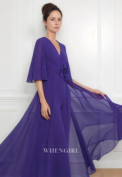 Sexy V Neck Chiffon Half Sleeves Jumpsuit Elegant Mother of the Bride Dress