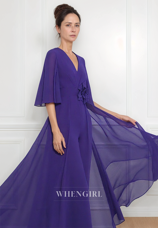 Sexy V Neck Chiffon Half Sleeves Jumpsuit Elegant Mother of the Bride Dress