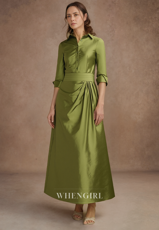 A Line High Neck Pleats 3/4 Sleeves Elegant Mother of the Bride Dress Tea Length