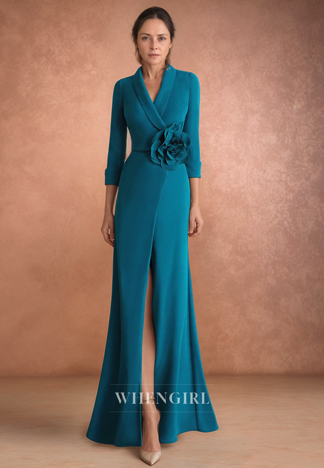 Column V Neck Flowers Elegant Long 3/4 Sleeves Mother of the Bride Dress with Slit
