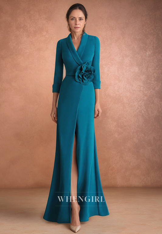 Column V Neck Flowers Elegant Long 3/4 Sleeves Mother of the Bride Dress with Slit