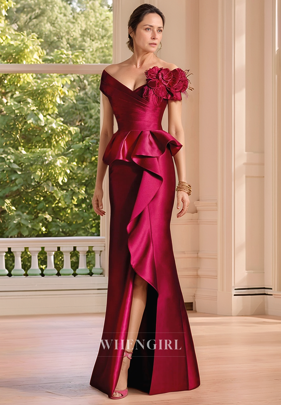 Off Shoulder Satin Pleats Feathers Sheath Elegant Mother of the Bride Dress with Slit Long Formal Evening Gown